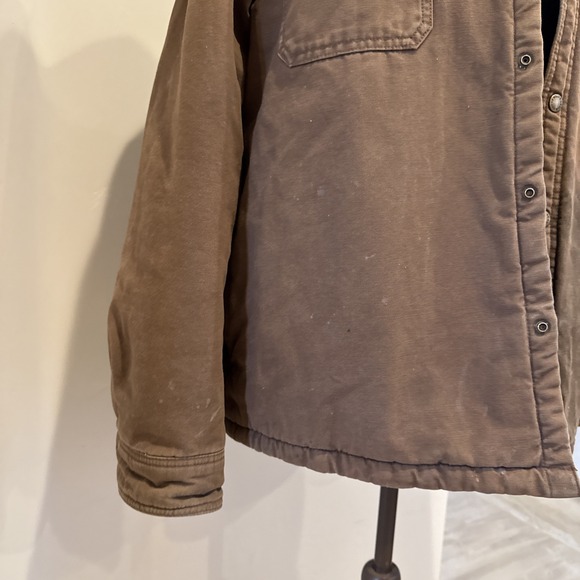 Dickies Mens L Hooded Heavy Workwear Jacket Brown Full Zip Snap Lined Distressed - Picture 4 of 11